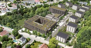 Das Bild zeigt eine Animation des Wohnquartiers im Klostergarten in Laupheim. Man sieht die Klosteranlage, wie sie nach dem Umbau sein wird und mann sieht 9 Wohnhäuser, die das Wohnquartier bilden werden.
