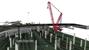 160 Meter hoher Kran baut die alte Wallstab-Brücke zurück. Das Foto zeigt eine Animation.